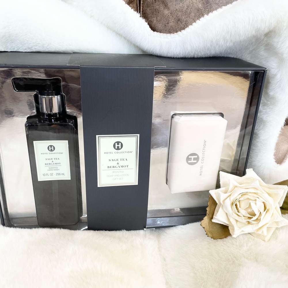 New w/tag HOTEL COLLECTION SAGE TEA & BERGAMOT 3PC SCENTED SOAP& LOTION GIFT SET